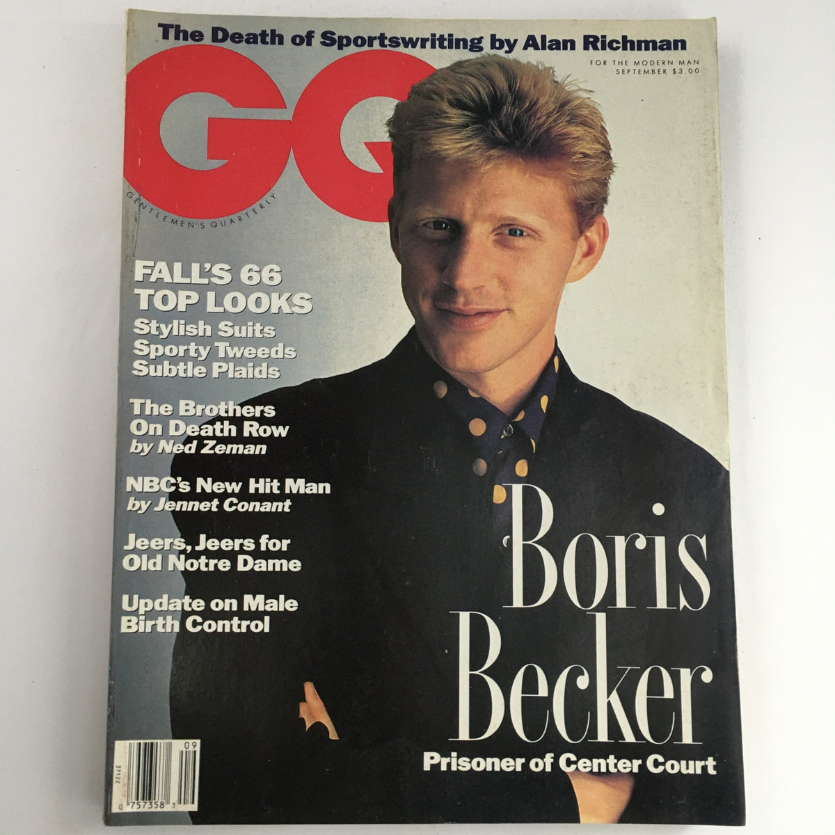 GQ Magazine September 1991 issue featuring Boris Becker on the cover with the title 'Prisoner of Center Court'. The cover design includes various text elements and a portrait of Becker in a stylish outfit.