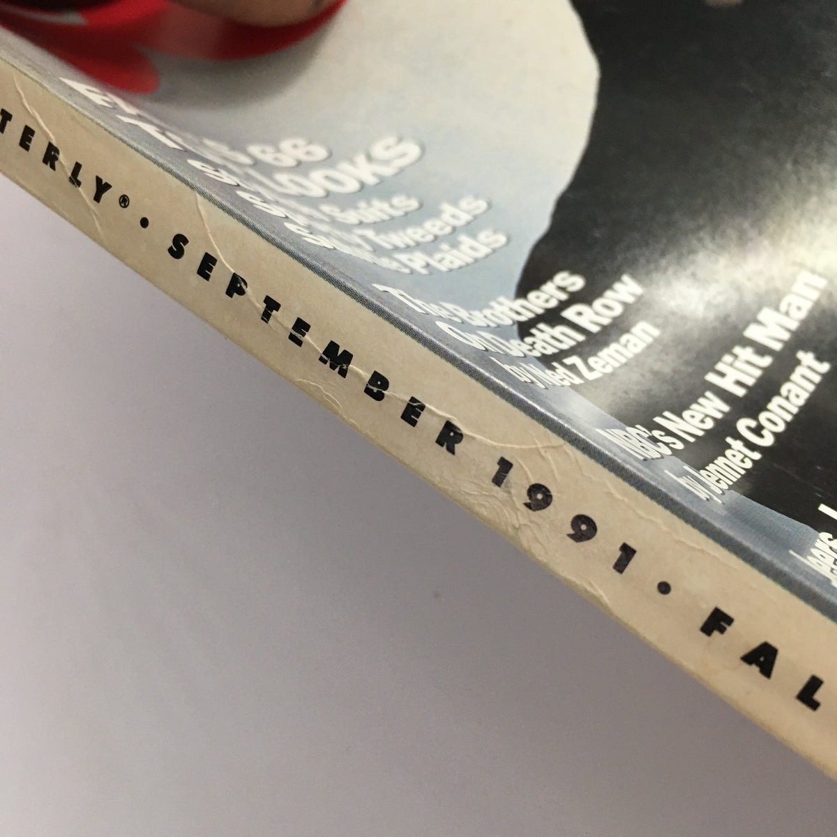 Side view of the GQ Magazine September 1991, highlighting the magazine's spine with the print 'SEPTEMBER 1991' and additional cover text details related to the issue.
