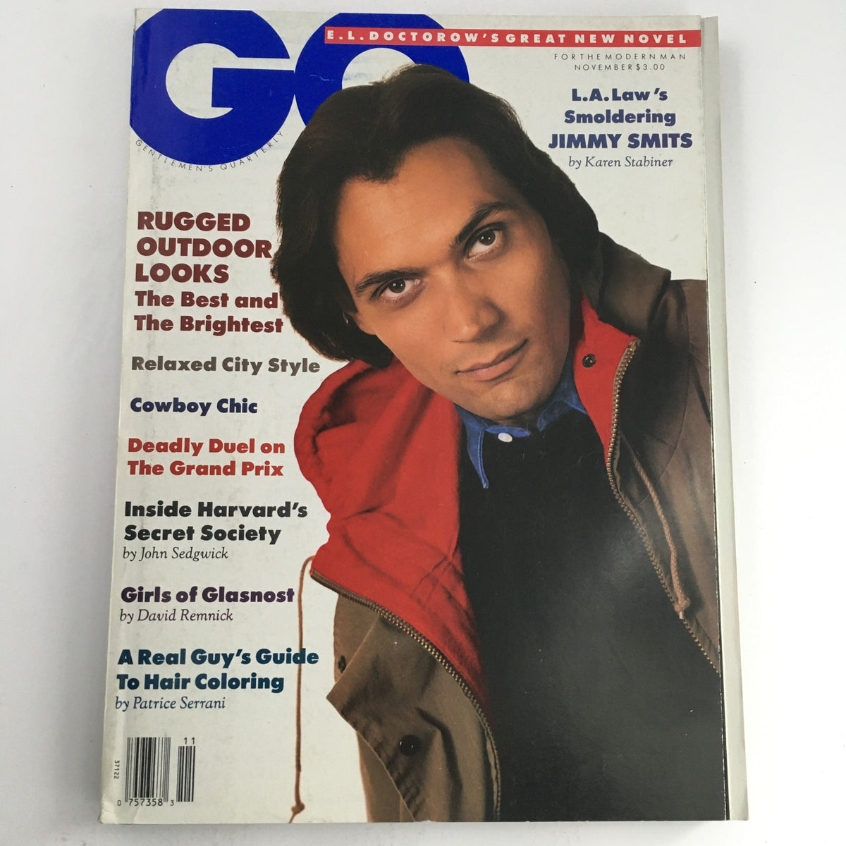 Cover of GQ Magazine November 1988 featuring L.A. Law's Smoldering Jimmy Smits, showcasing fashion and pop culture trends from the late 80s.