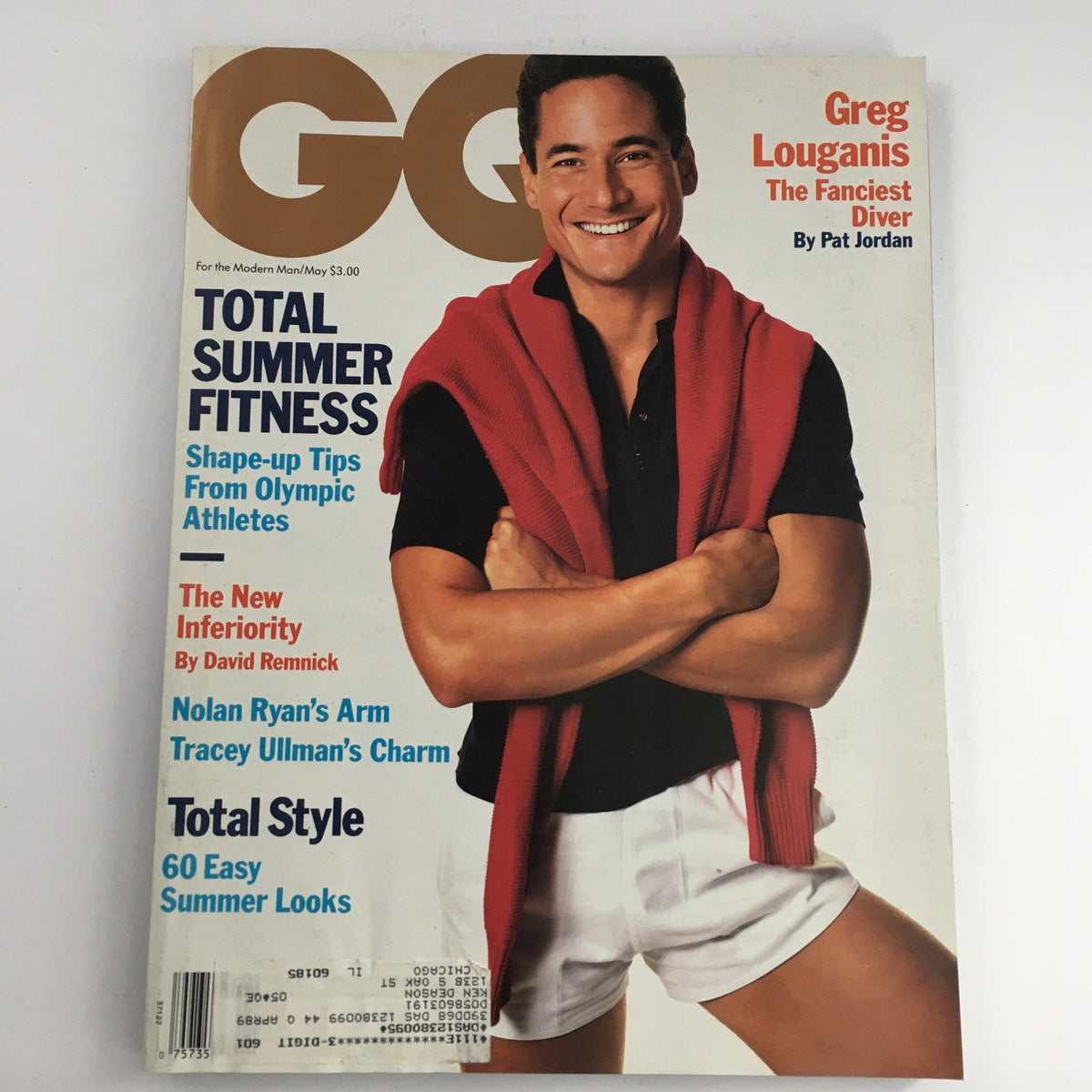 Cover of GQ Magazine, May 1988, featuring Greg Louganis as 'The Fanciest Diver' and a feature on Nolan Ryan