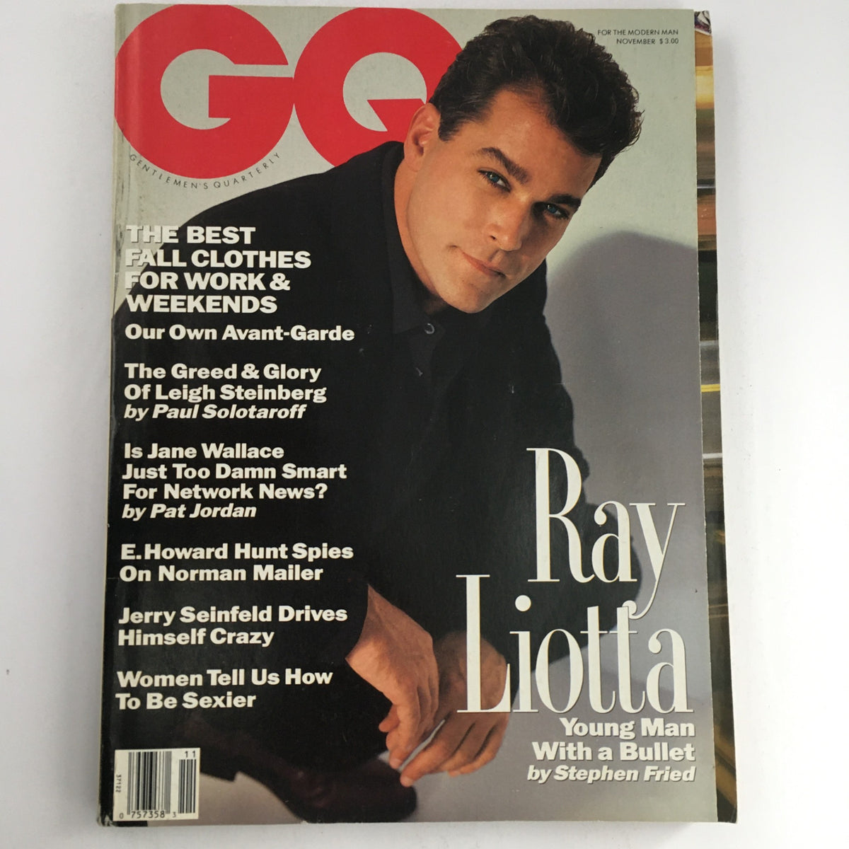 Cover of GQ Magazine November 1991 featuring Ray Liotta as Young Man with a Bullet and Jerry Seinfeld, showcasing 'The Best Fall Clothes for Work & Weekends' and articles about popular culture.