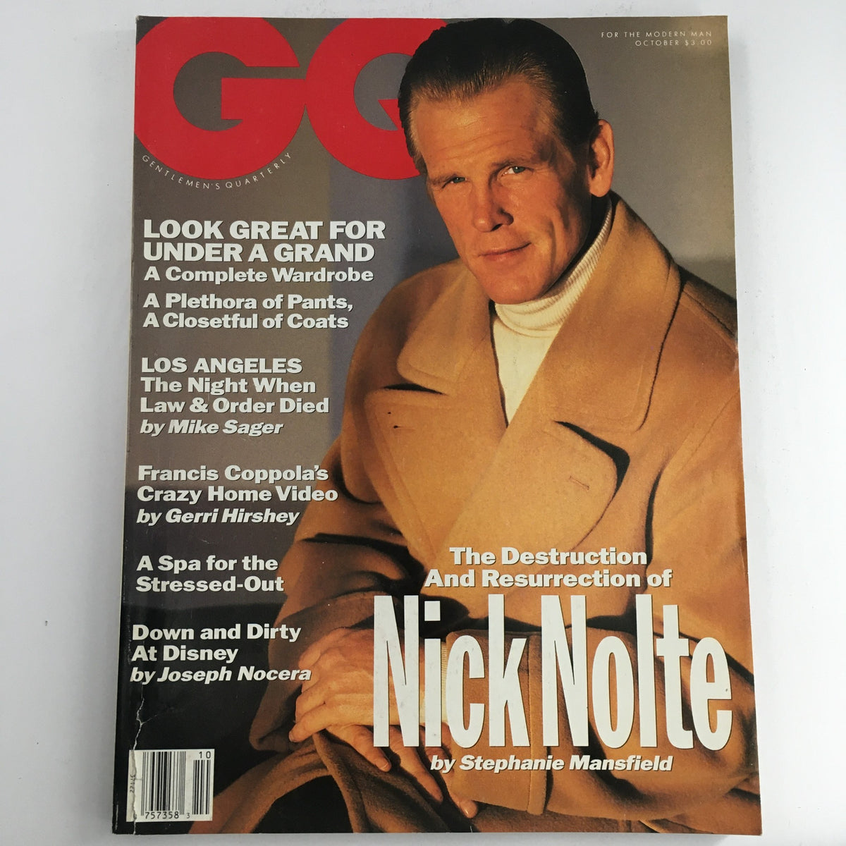 GQ Magazine October 1991 cover featuring Nick Nolte with the title 'The Destruction and Resurrection of Nick Nolte' by Stephanie Mansfield, showcasing fashion trends and film discussions.