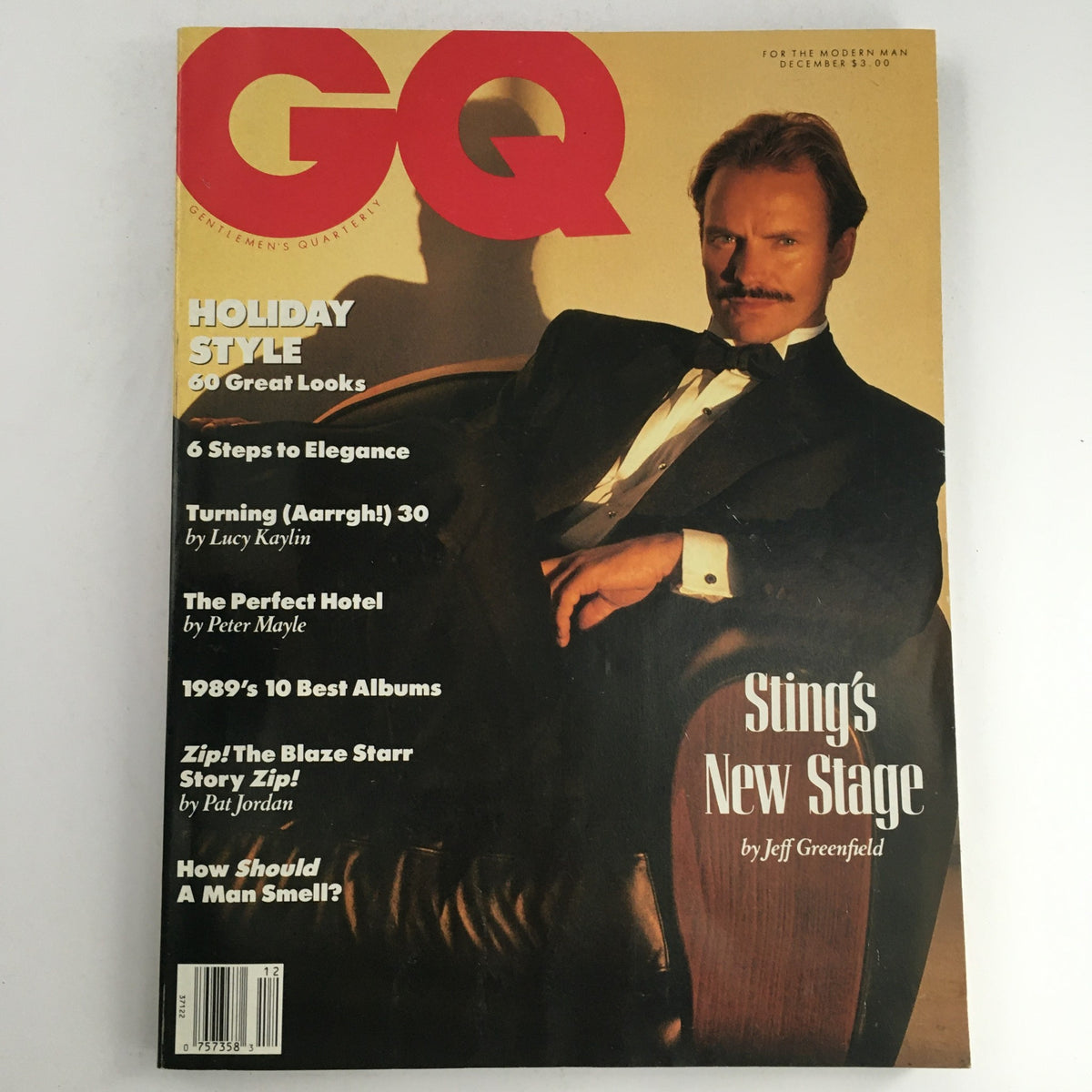 GQ Magazine December 1989 cover featuring Sting in a tuxedo with the title 'Sting's New Stage' highlighting fashion and lifestyle.