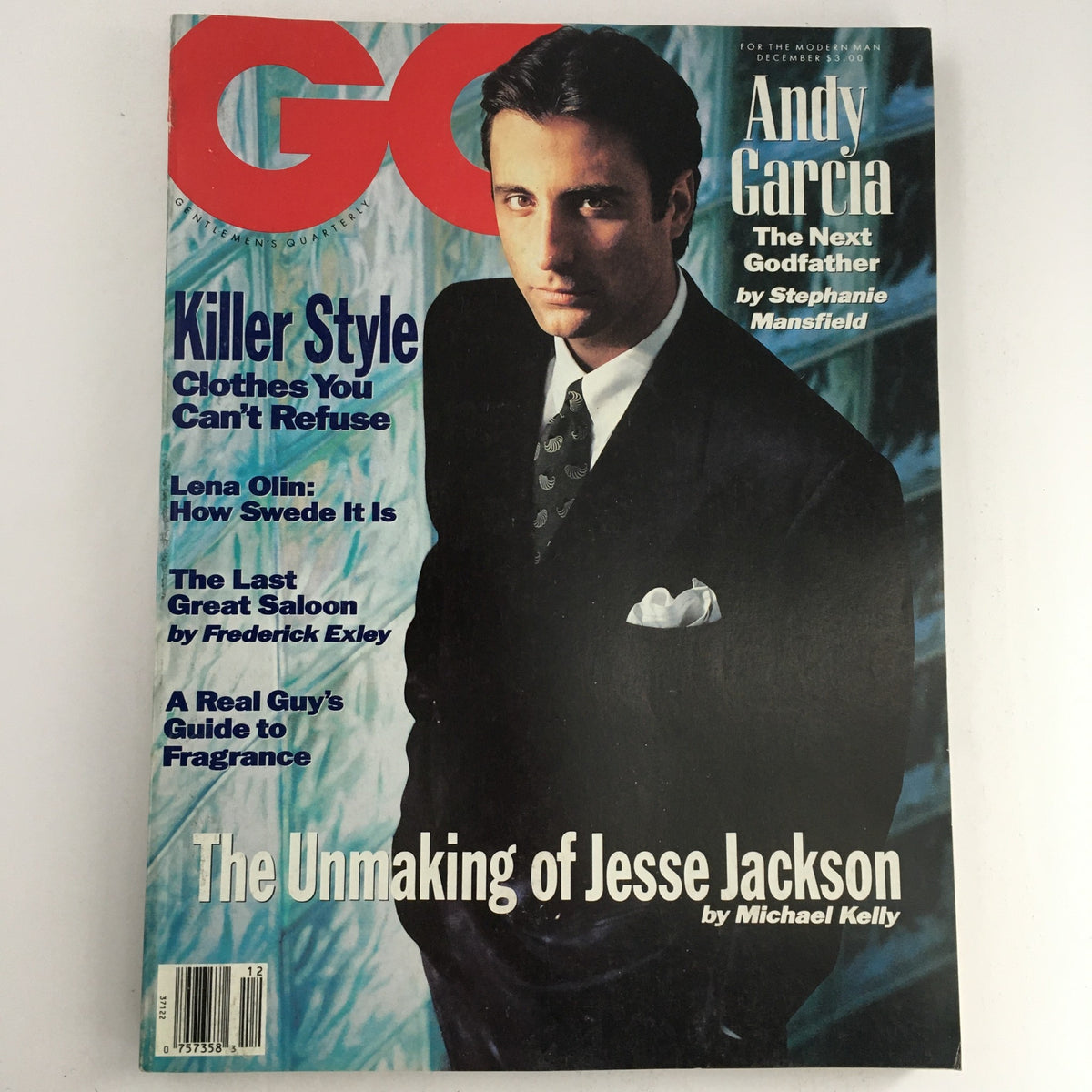 GQ Magazine December 1990 issue featuring Andy Garcia on the cover as 'The Next Godfather', with Jesse Jackson's portrait highlighted, showcasing early 90s fashion and cultural themes.