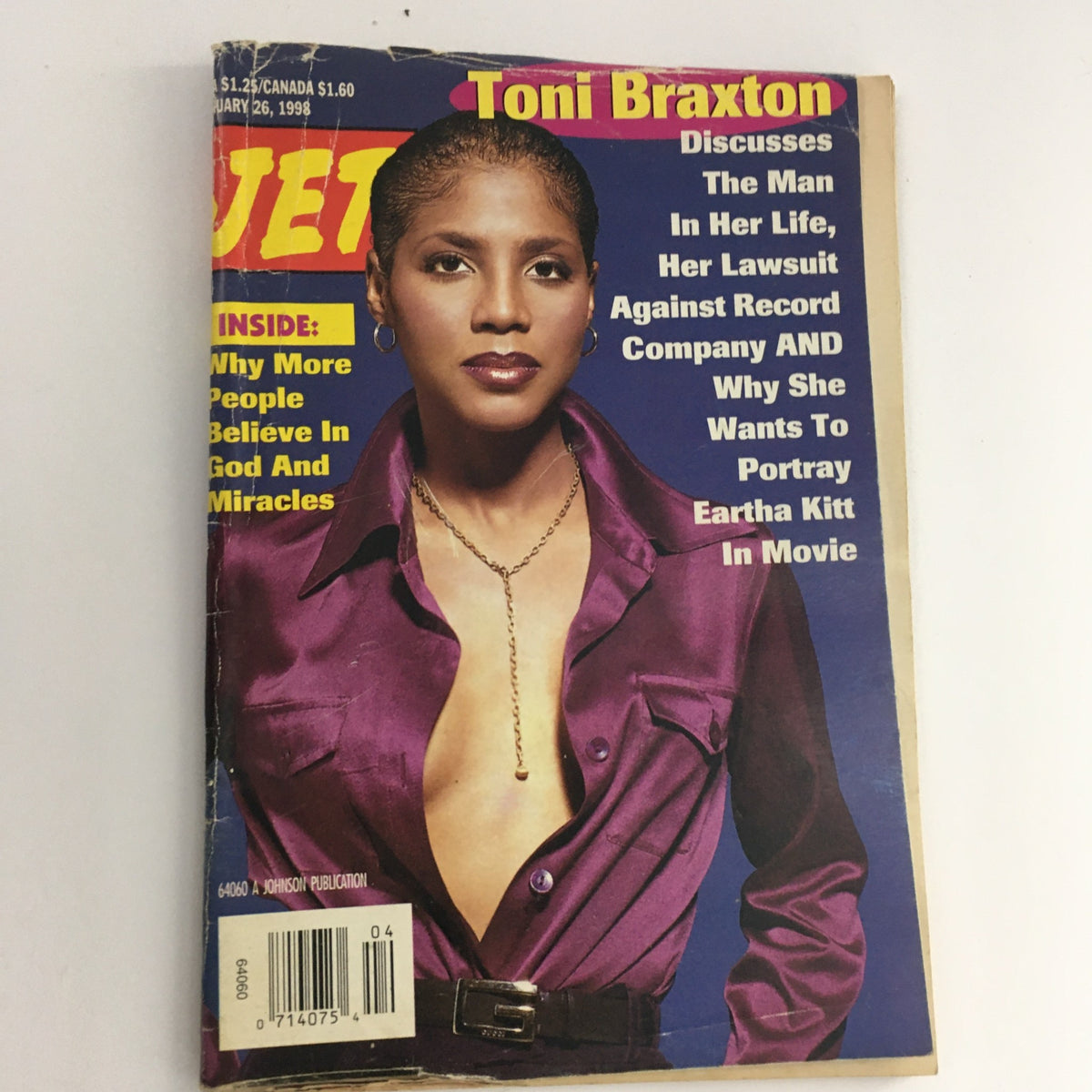Cover of Jet Magazine dated January 26, 1998, featuring Toni Braxton discussing her role in portraying Eartha Kitt in a movie.