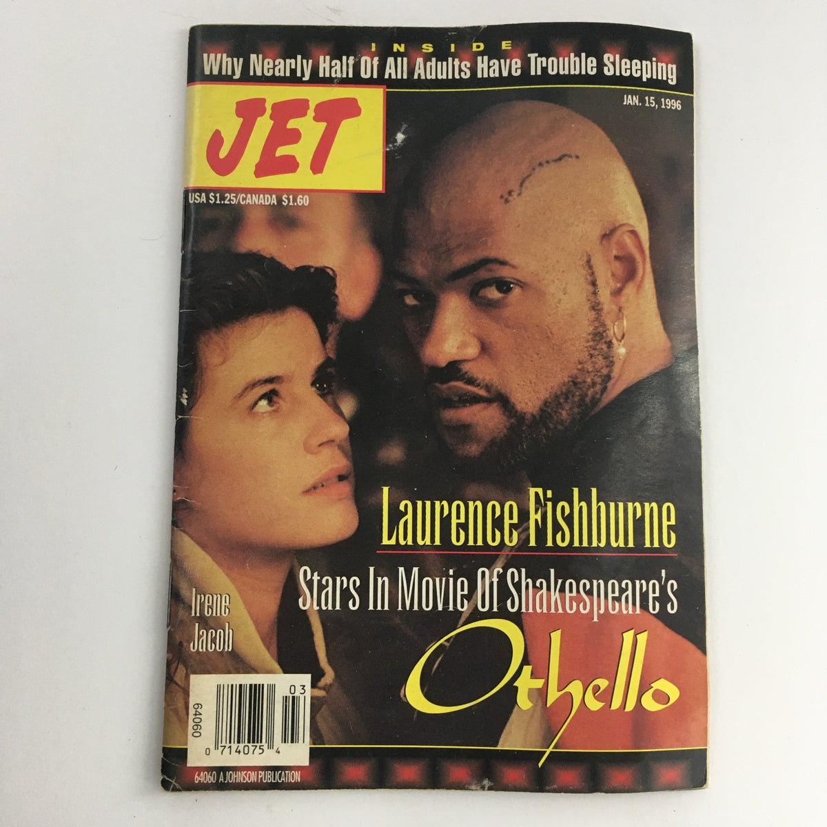 Cover of Jet Magazine dated January 15, 1996, featuring Laurence Fishburne and Irene Jacob, highlighting their roles in the movie adaptation of Shakespeare's Othello.