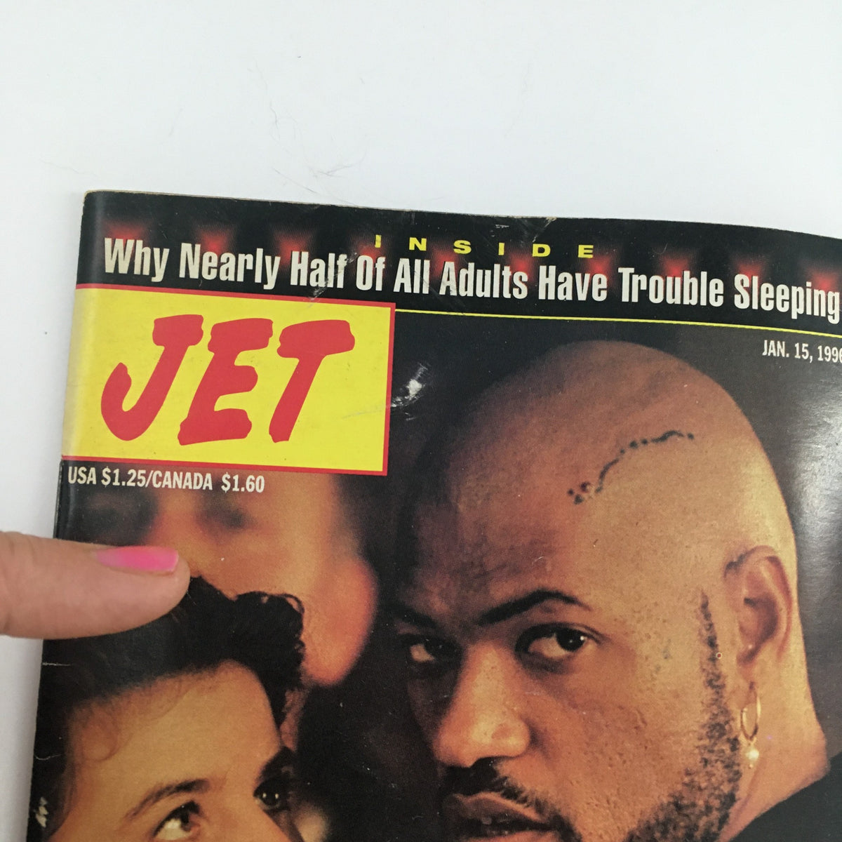 Cover of Jet Magazine from January 15, 1996, featuring an article titled 'Why Nearly Half Of All Adults Have Trouble Sleeping.' It showcases Laurence Fishburne and Irene Jacob related to the Othello movie.