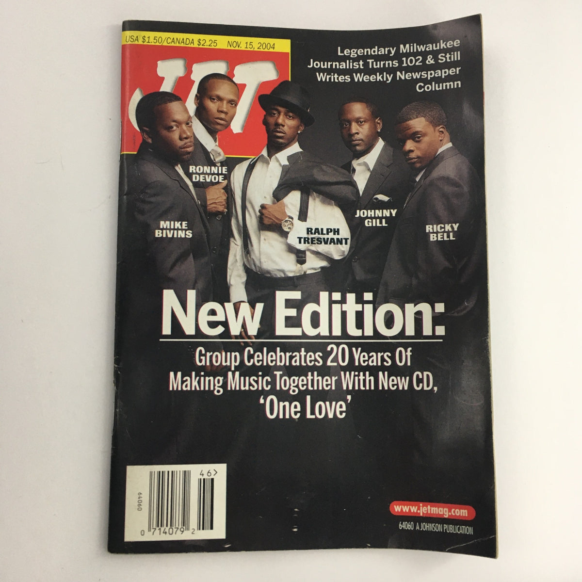 Cover of Jet Magazine November 15, 2004 featuring New Edition members Mike Bivins, Ronnie Devoe, Ralph Tresvant, Johnny Gill, and Ricky Bell, celebrating 20 years of music together.