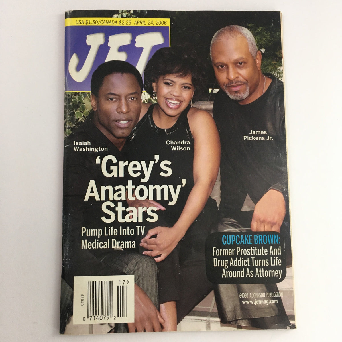 Cover of Jet Magazine from April 24, 2006, featuring 'Grey's Anatomy' stars Isaiah Washington, Chandra Wilson, and James Pickens Jr. The magazine highlights their contributions to TV drama.