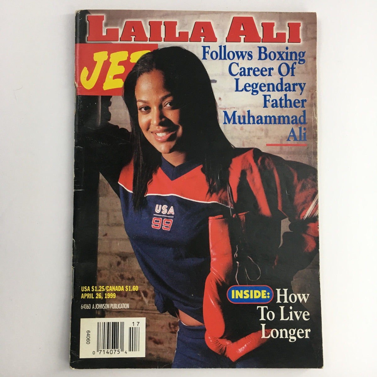 Jet Magazine cover from April 26, 1999 featuring Laila Ali, highlighting her boxing career and her legacy as the daughter of legendary boxer Muhammad Ali.