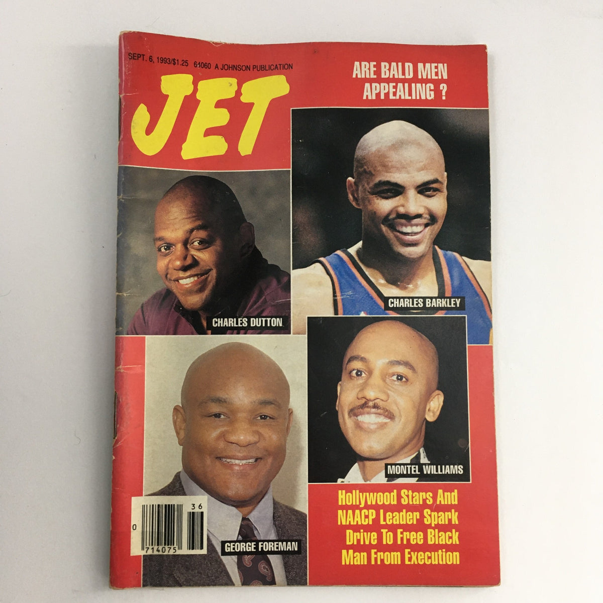 Cover of Jet Magazine from September 6, 1993 featuring Charles Dutton, George Foreman, and Charles Barkley discussing whether bald men are appealing.