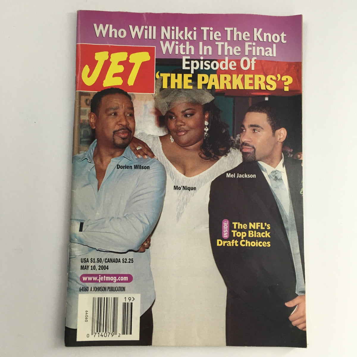 Cover of Jet Magazine from May 10, 2004 featuring Dorien Wilson, Mo'Nique, and Mel Jackson discussing the final episode of 'The Parkers'. The magazine includes headlines about NFL's top Black draft choices.