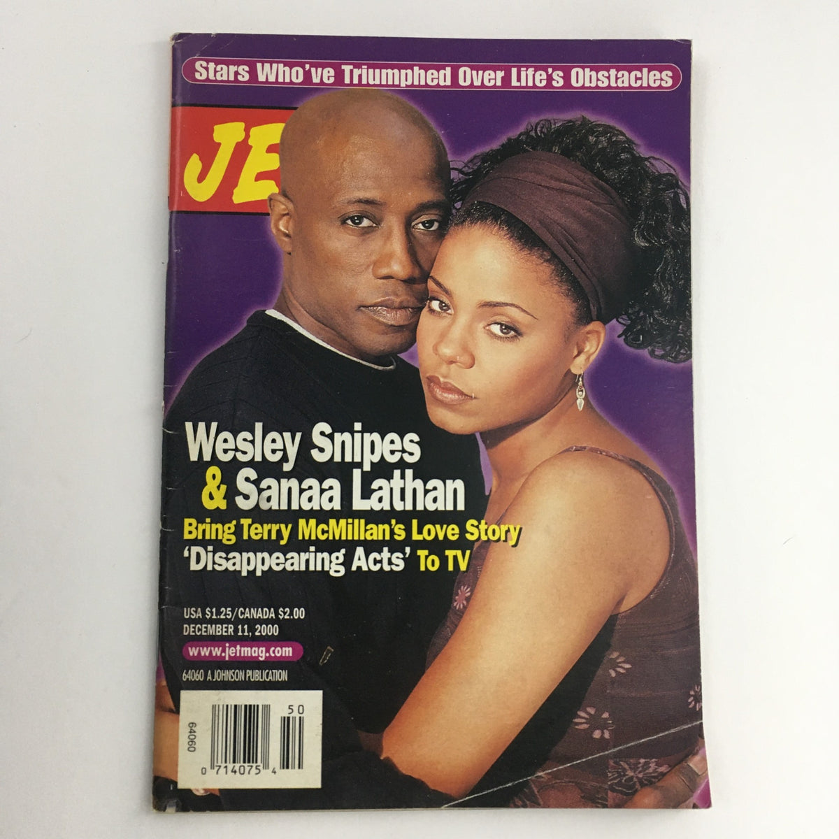 Cover of Jet Magazine from December 11, 2000 featuring Wesley Snipes and Sanaa Lathan, promoting their roles in 'Disappearing Acts'.