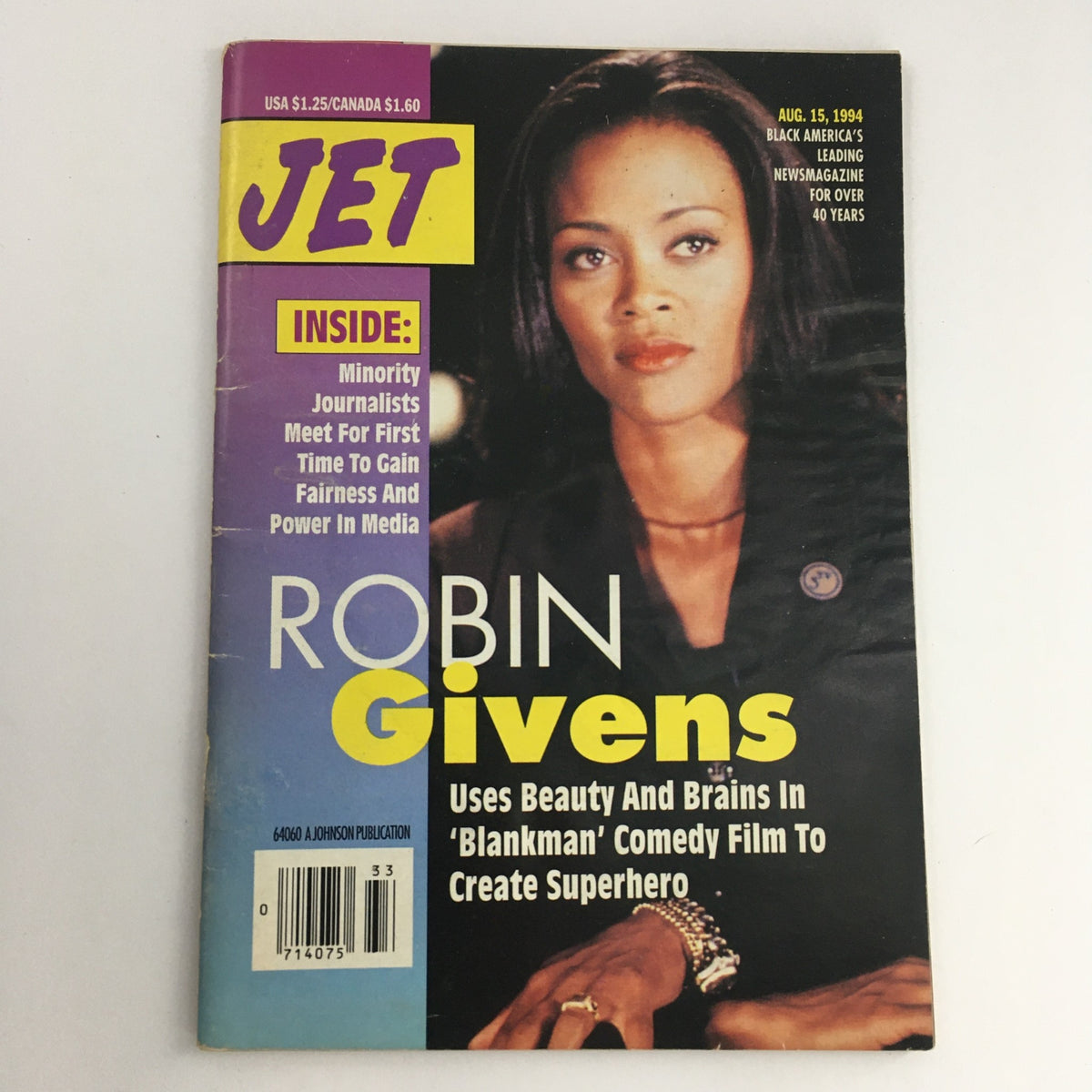 Cover of Jet Magazine from August 15, 1994 featuring Robin Givens, highlighting her role in the film 'Blankman' and showcasing the magazine's focus on beauty and intelligence.