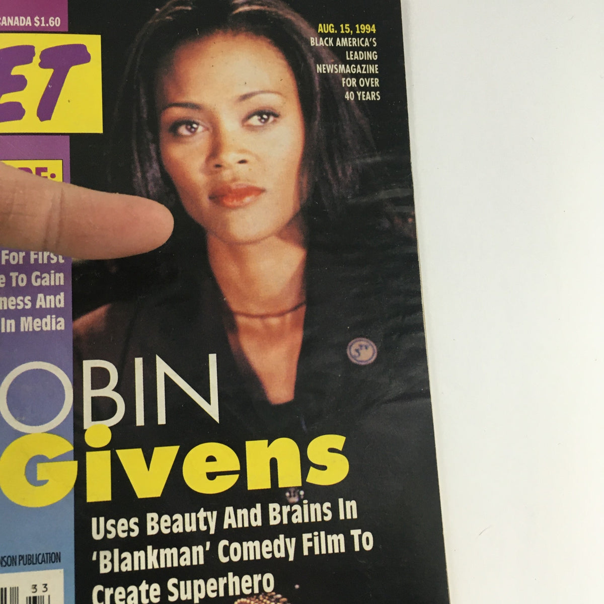Close-up view of Jet Magazine cover from August 15, 1994, with Robin Givens, emphasizing her contribution to the comedy film 'Blankman' and discussing minority journalists.