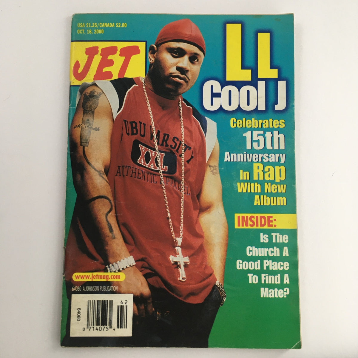 Jet Magazine cover from October 16, 2000 featuring LL Cool J celebrating his 15th anniversary in rap. The magazine highlights LL Cool J's new album and includes articles on various topics.