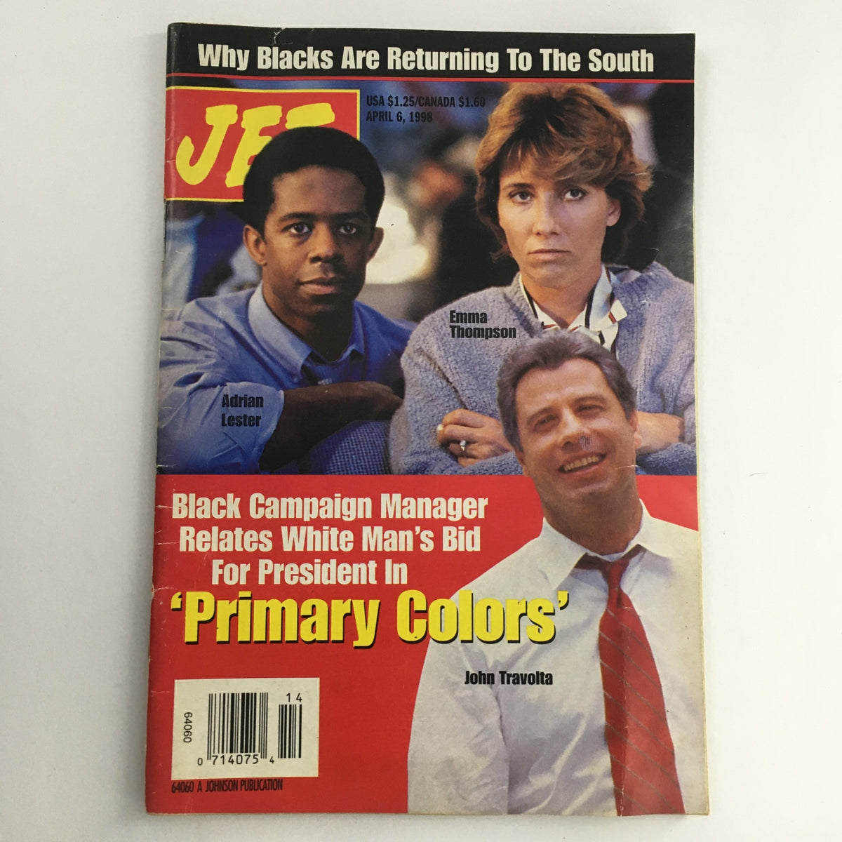 Cover of Jet Magazine from April 6, 1998 featuring Adrian Lester, Emma Thompson, and John Travolta, showcasing a discussion on political themes including 'Primary Colors'.