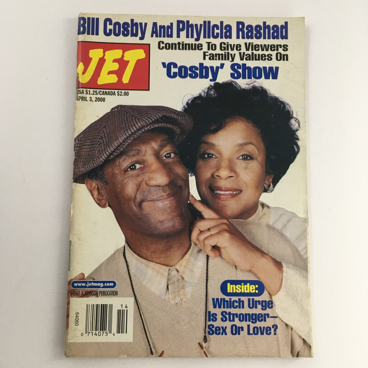 Cover of Jet Magazine from April 3, 2000, featuring Bill Cosby and Phylicia Rashad from 'Cosby Show' with the headline on family values. The magazine showcases a colorful layout with images of the actors.
