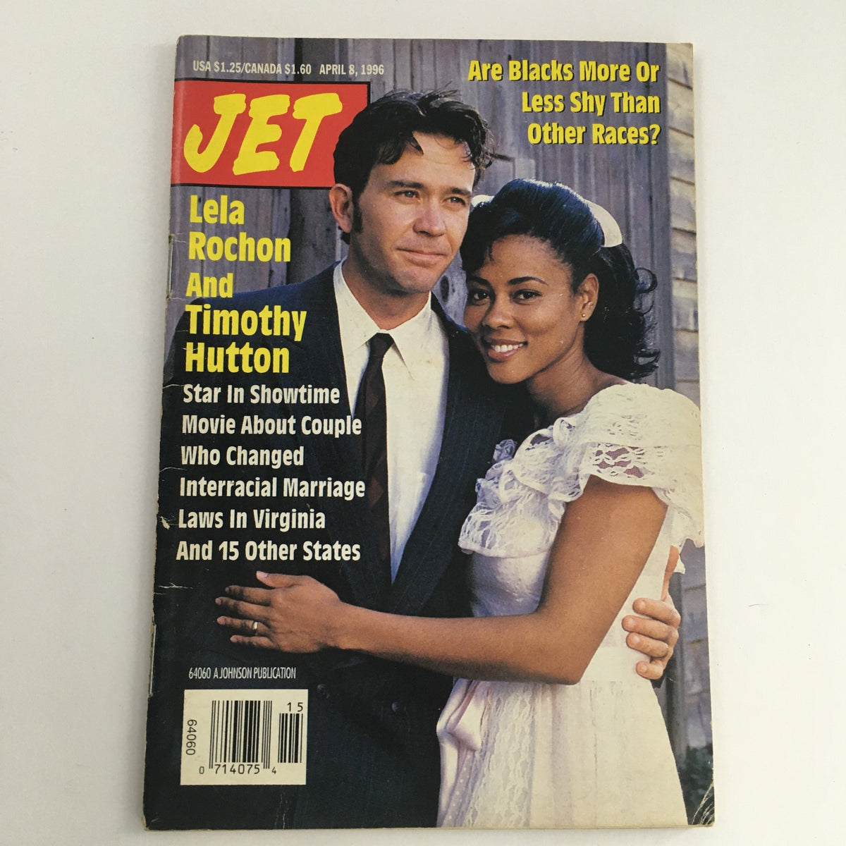 Jet Magazine cover from April 8, 1996, featuring Lela Rochon and Timothy Hutton, highlighting their story on interracial marriage and cultural discussions.