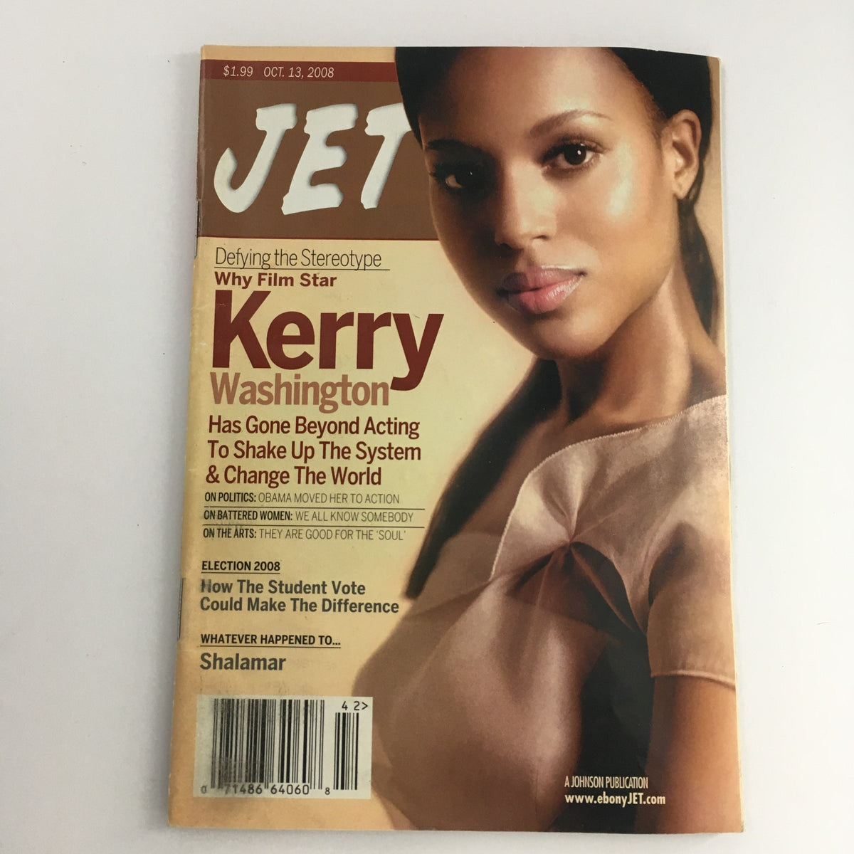 Cover of Jet Magazine from October 13, 2008 featuring Kerry Washington, with the headline 'Shake Up System & Change the World', highlighting her role as a film star and the impact of the 2008 Election.