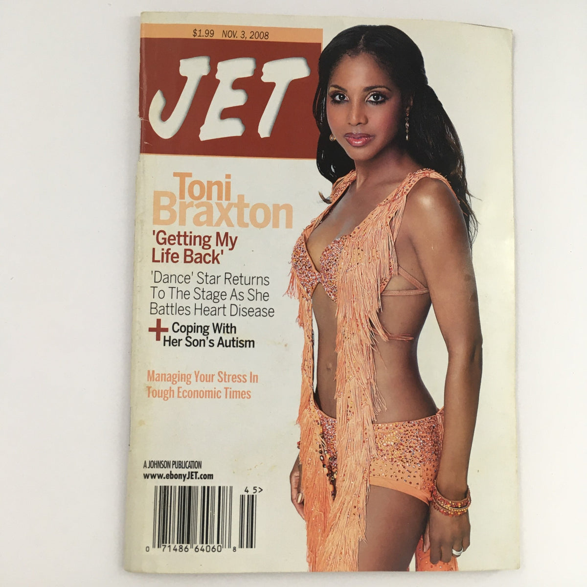 Cover of Jet Magazine from November 3, 2008, featuring Toni Braxton, highlighting her journey in coping with her son's autism. The cover showcases Braxton in a vibrant outfit, emphasizing her role in raising awareness for autism and her musical comeback.