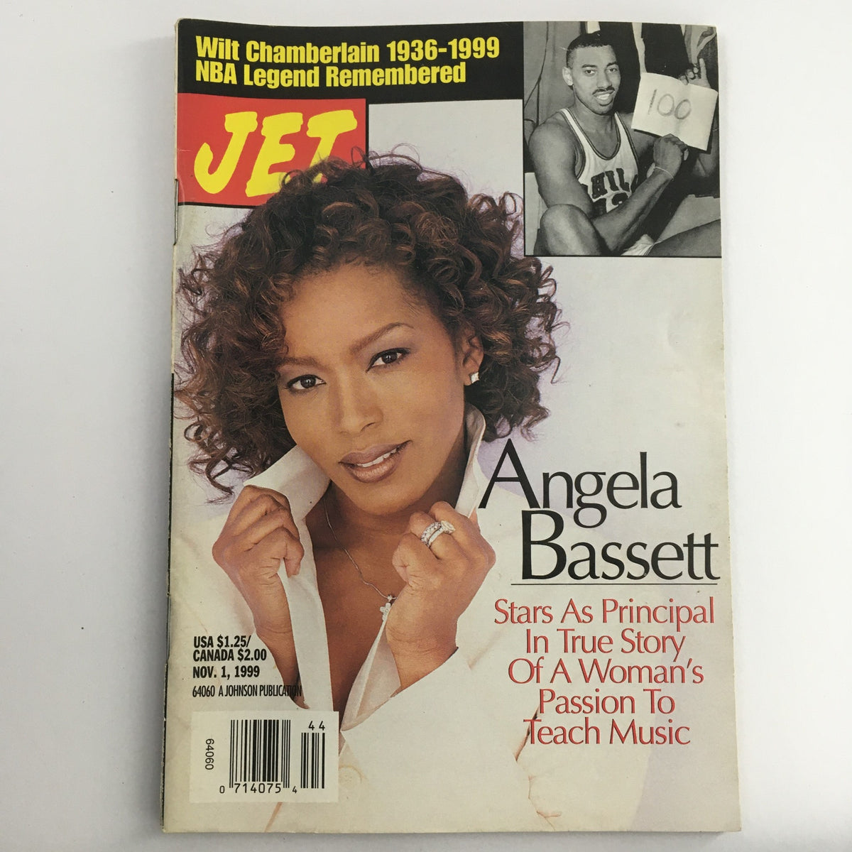 Cover of Jet Magazine from November 1, 1999 featuring Angela Bassett and a tribute to NBA Legend Wilt Chamberlain. The magazine highlights Angela Bassett, who stars as a principal in a true story about a woman's passion to teach music.
