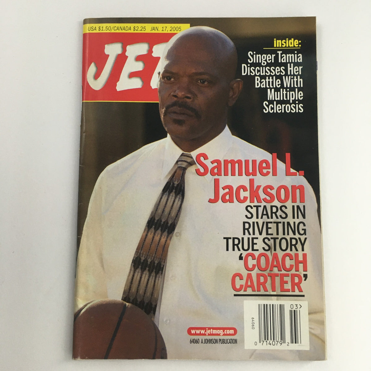 Jet Magazine cover from January 17, 2005 featuring Samuel L. Jackson, who stars in the film 'Coach Carter'. The cover highlights his portrayal in a riveting true story.