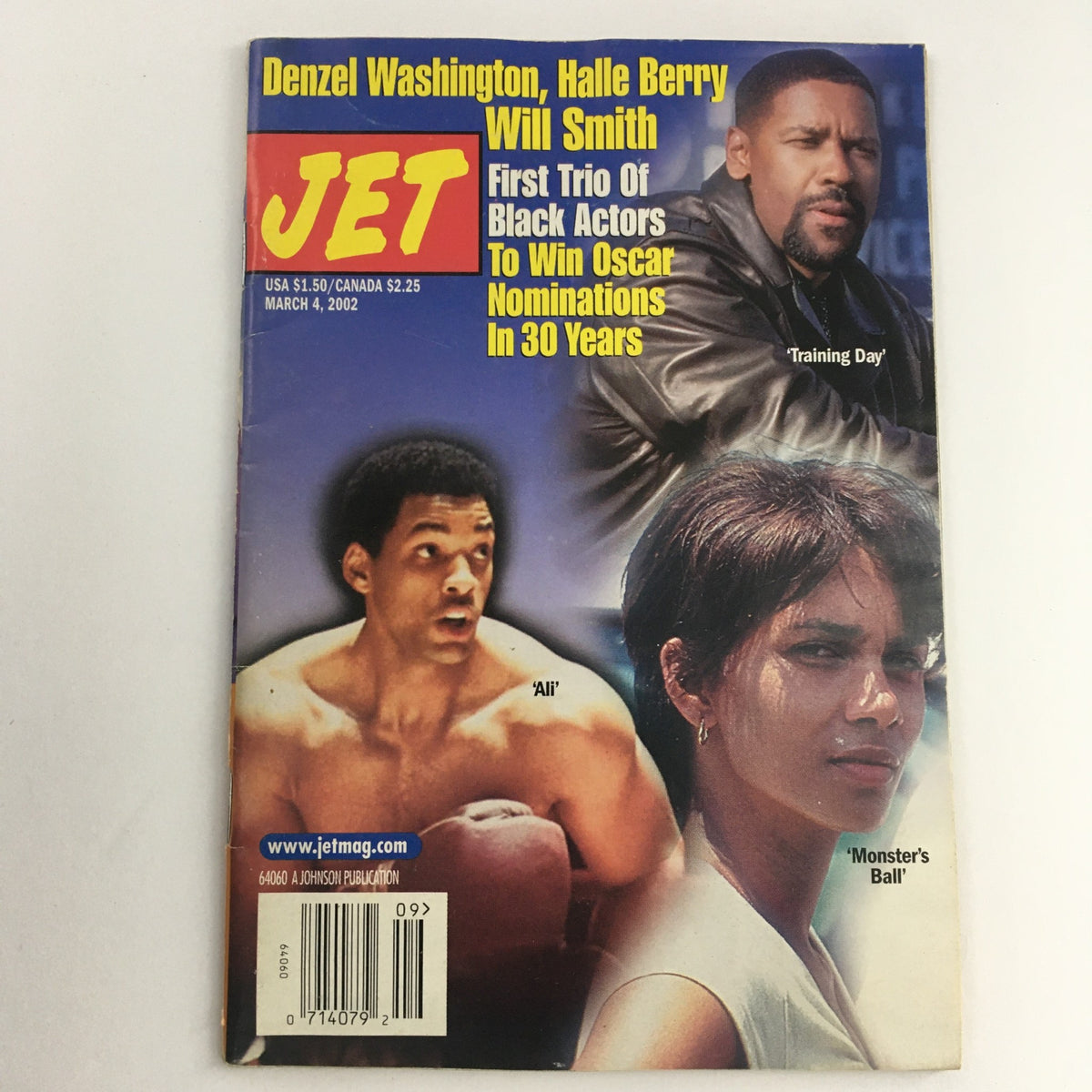 Jet Magazine cover from March 4, 2002 featuring Denzel Washington, Halle Berry, and Will Smith, highlighting the first trio of Black actors to win Oscar nominations in 30 years. The magazine showcases images and names of famous films like 'Training Day,' 'Ali,' and 'Monster's Ball.'
