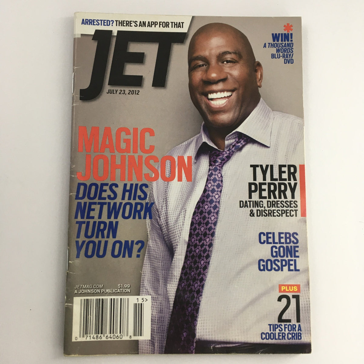 Jet Magazine July 23 2012 featuring Magic Johnson on the cover discussing if his network will turn on him, alongside an article about Tyler Perry's dating and public disrespects. The magazine is in great condition and features additional celebrity gossip.
