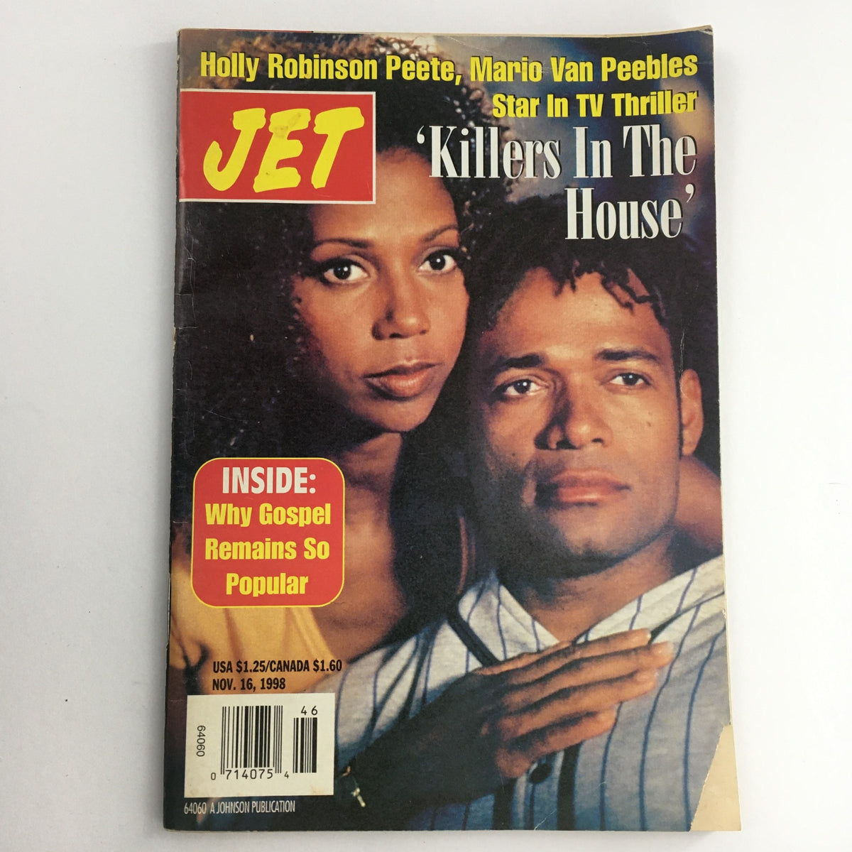 Cover of Jet Magazine from November 16, 1998 featuring Holly Robinson Peete and Mario Van Peebles promoting their film 'Killers In The House'. The magazine includes additional insights about the popularity of gospel music and is in very good condition.