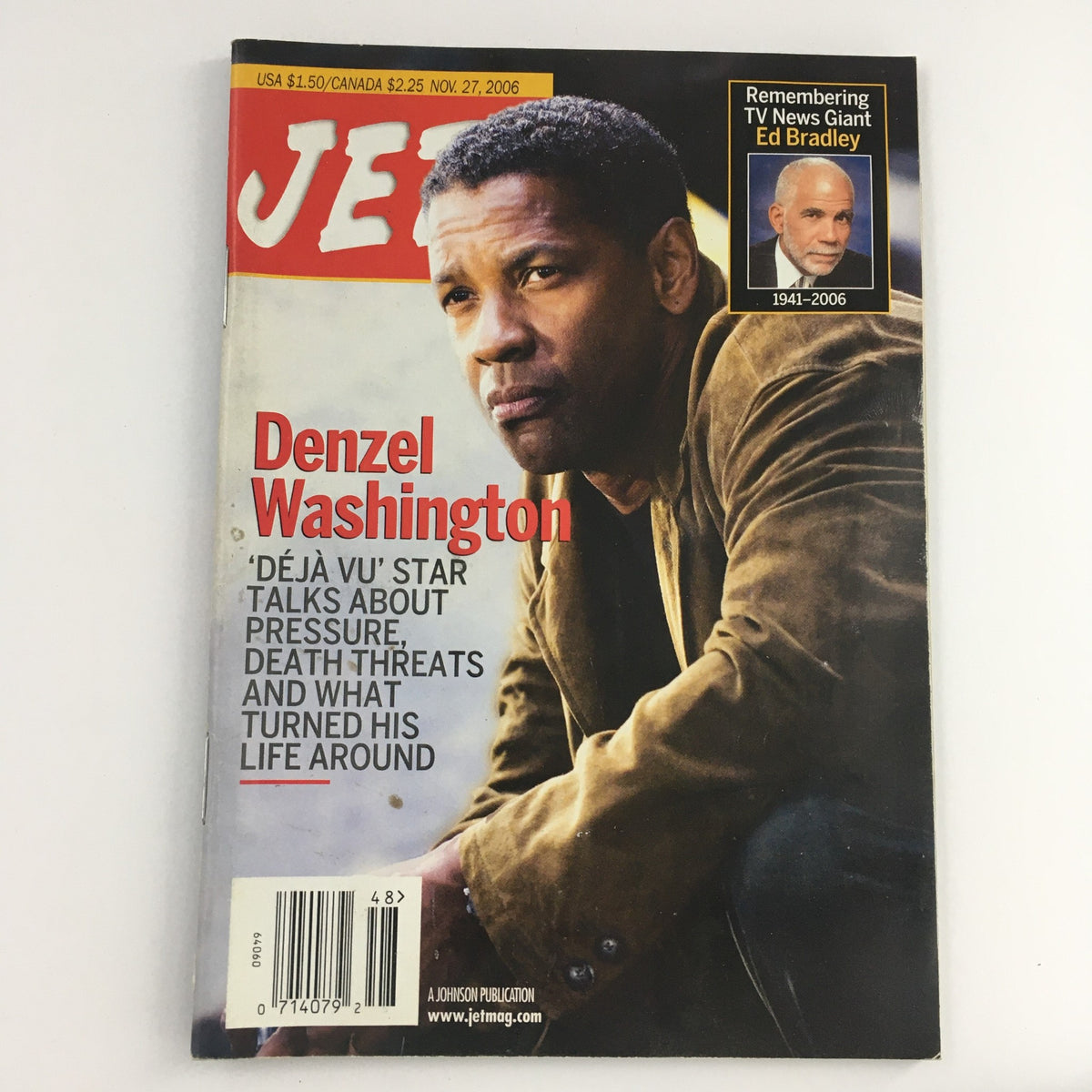 Jet Magazine cover from November 27, 2006 featuring Denzel Washington discussing his role in 'Deja Vu' and insights on pressure and life changes. Includes TV news coverage of Ed Bradley.