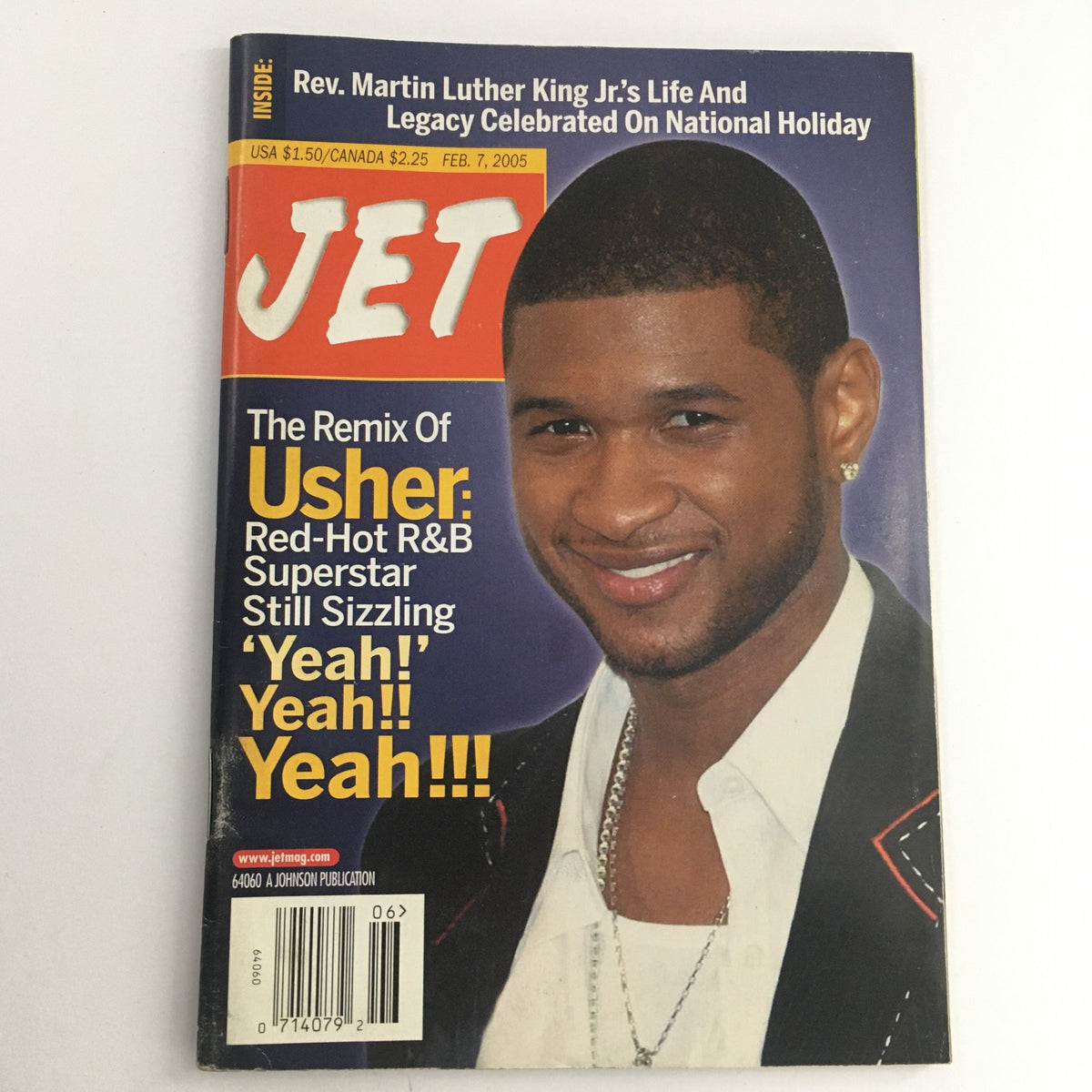 Jet Magazine cover featuring Usher, titled 'The Remix of Usher: Red-Hot R&B Superstar' from February 7, 2005, showcasing vibrant design and highlighting Usher's musical achievements.