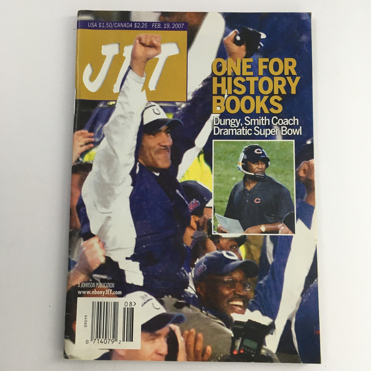 Cover of Jet Magazine February 19, 2007 featuring Tony Dungy and the Indianapolis Colts with the headline 'One for History Books: Dungy, Smith Coach Dramatic Super Bowl'.