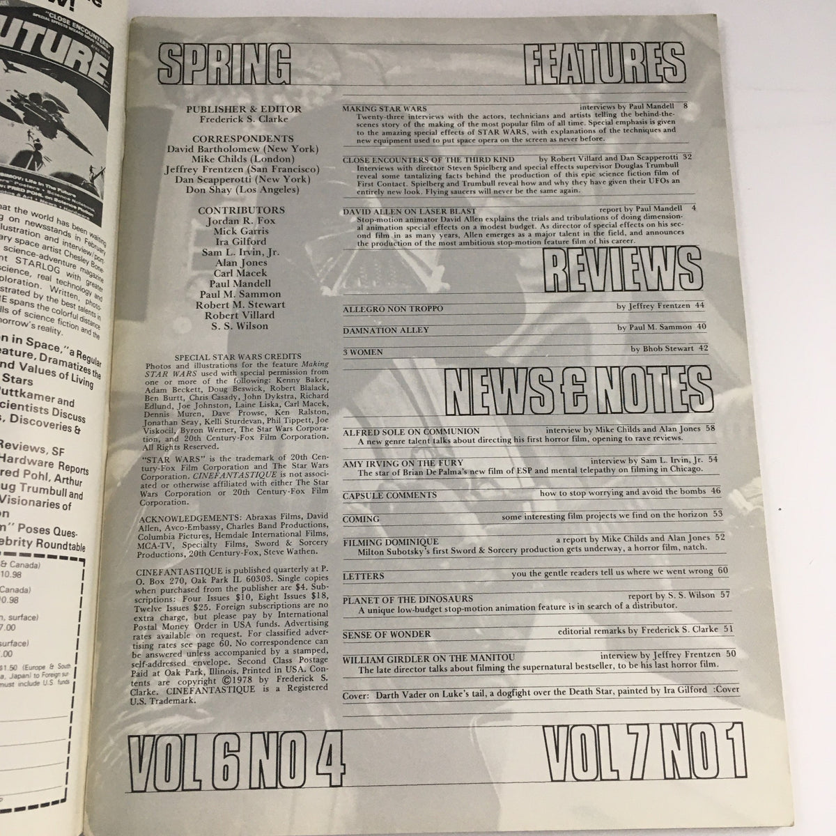 Cinefantastique Spring 1978 Vol 6 #4 & Vol 7 #1 Double Issue on Star Wars, showcasing the table of contents with features, reviews, and news sections.