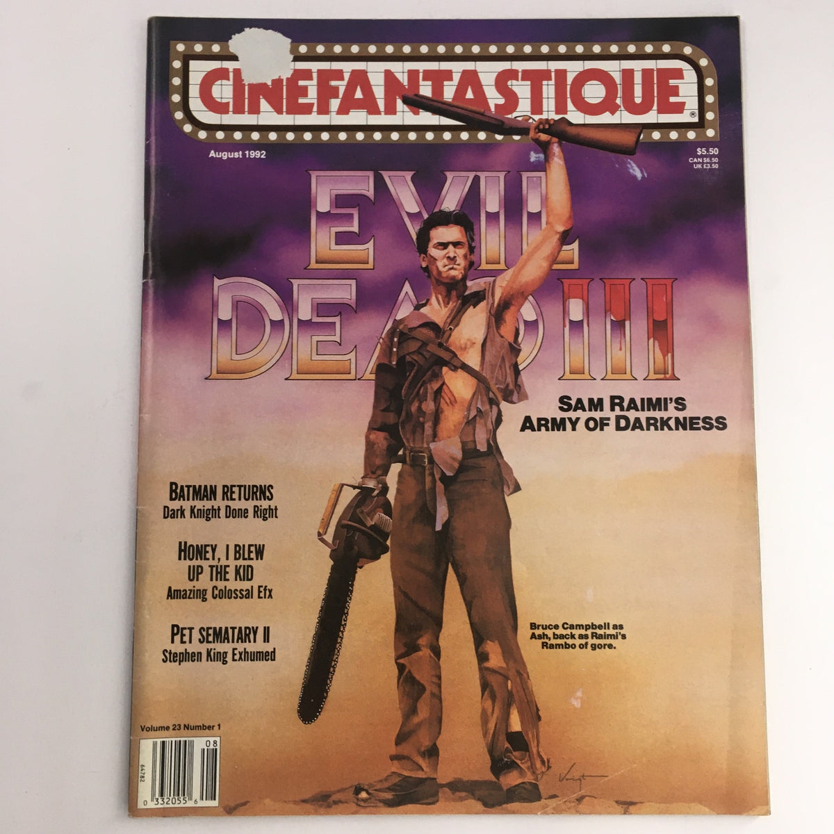 Cinefantastique August 1992 magazine featuring Bruce Campbell as Ash from Sam Raimi's Army of Darkness. The cover displays a striking illustration of Ash wielding a chainsaw with a dramatic background.