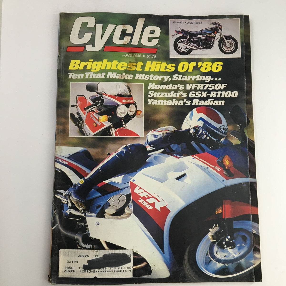 Cover of Cycle Magazine June 1986 featuring Yamaha YX600S Radian, Honda VFR750F, and Suzuki GSX-R1100 with vibrant colors and motorcycle images.