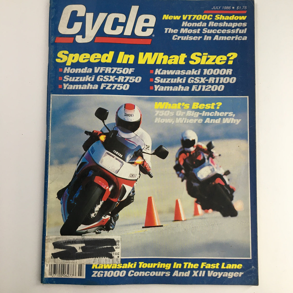 Cycle Magazine July 1986 featuring the Honda VFR750F, Suzuki GSX-R750, Yamaha FZ750, and FJ1200 with a vibrant cover design showcasing sport bikes and motorcycle culture.