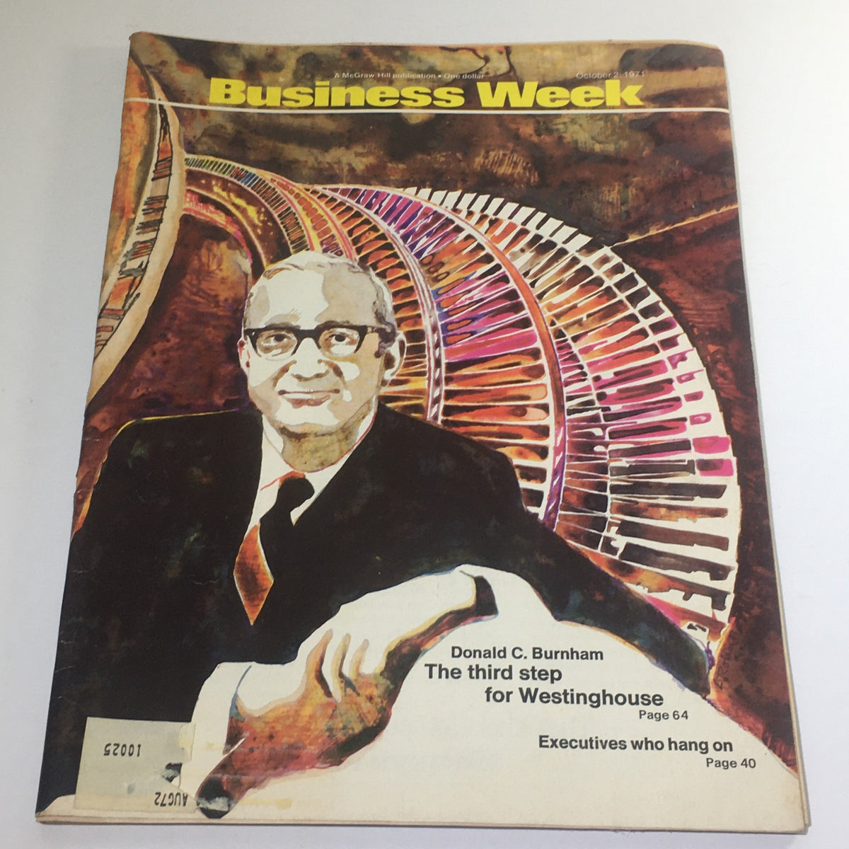 Cover of Business Week Magazine dated October 2, 1971, featuring Donald C. Burnham, with an artistic representation of railway tracks in the background and articles titled 'The third step for Westinghouse' and 'Executives who hang on'.
