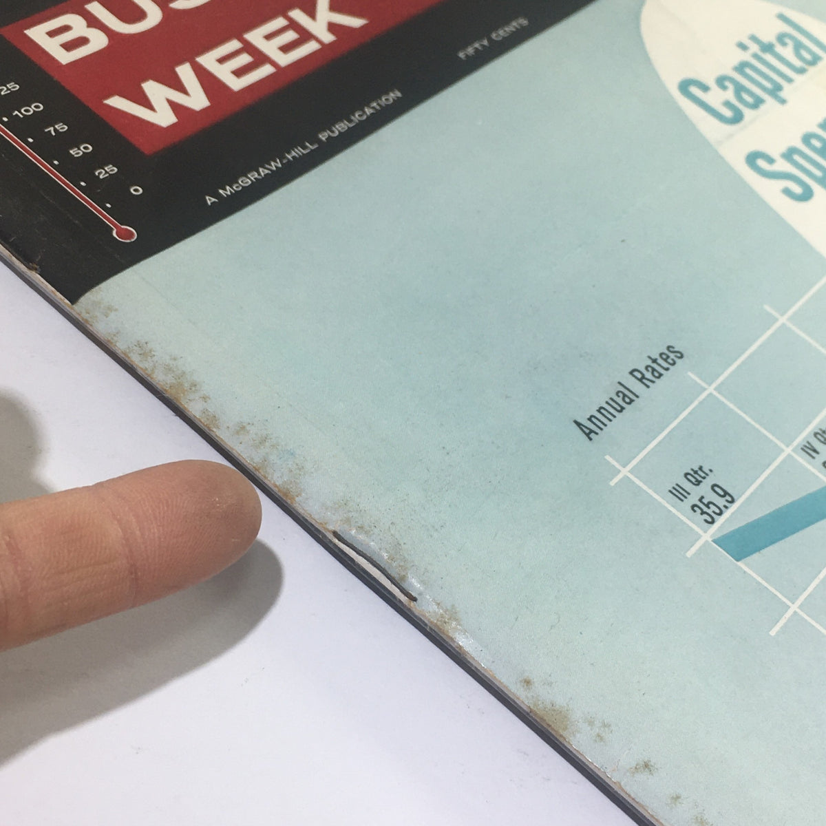 Close-up of the cover of Business Week Magazine: April 29, 1961 - Capital Spending Starts To Climb showing edge details and condition.
