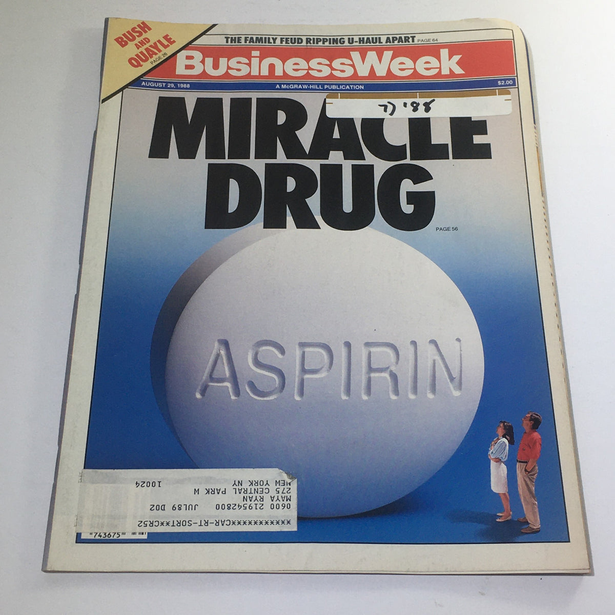 Cover of Business Week Magazine from August 29, 1988, featuring the title 'Miracle Drug: The Aspirin' with a large aspirin pill illustration and two figures observing it. This vintage magazine explores the significance of aspirin in healthcare and consumer health products.