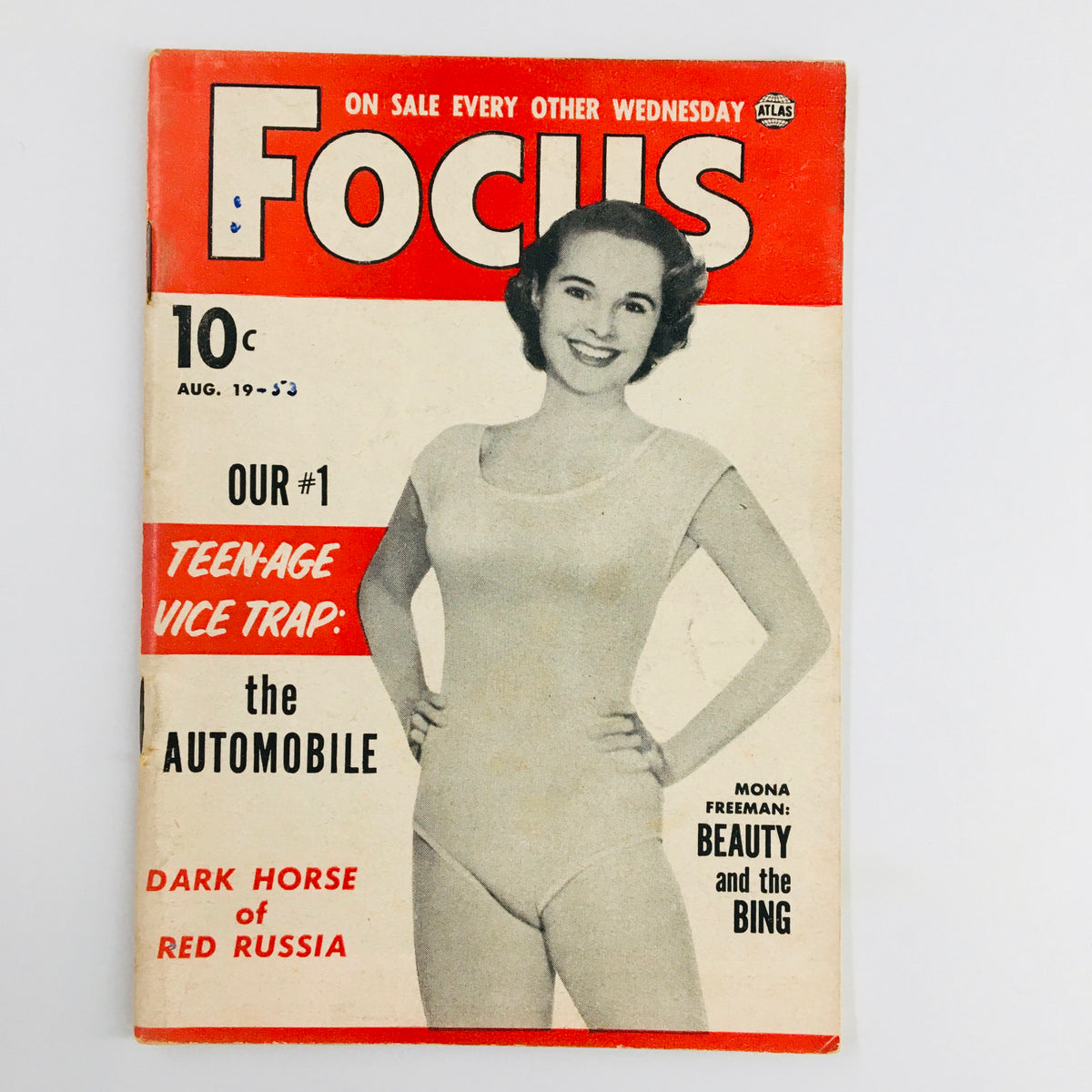 Cover of VTG Focus Magazine August 19, 1953 showcasing Mona Freeman with the title 'Beauty and the Bing'. The magazine features a vintage design and highlights topics relevant to the 1950s culture.