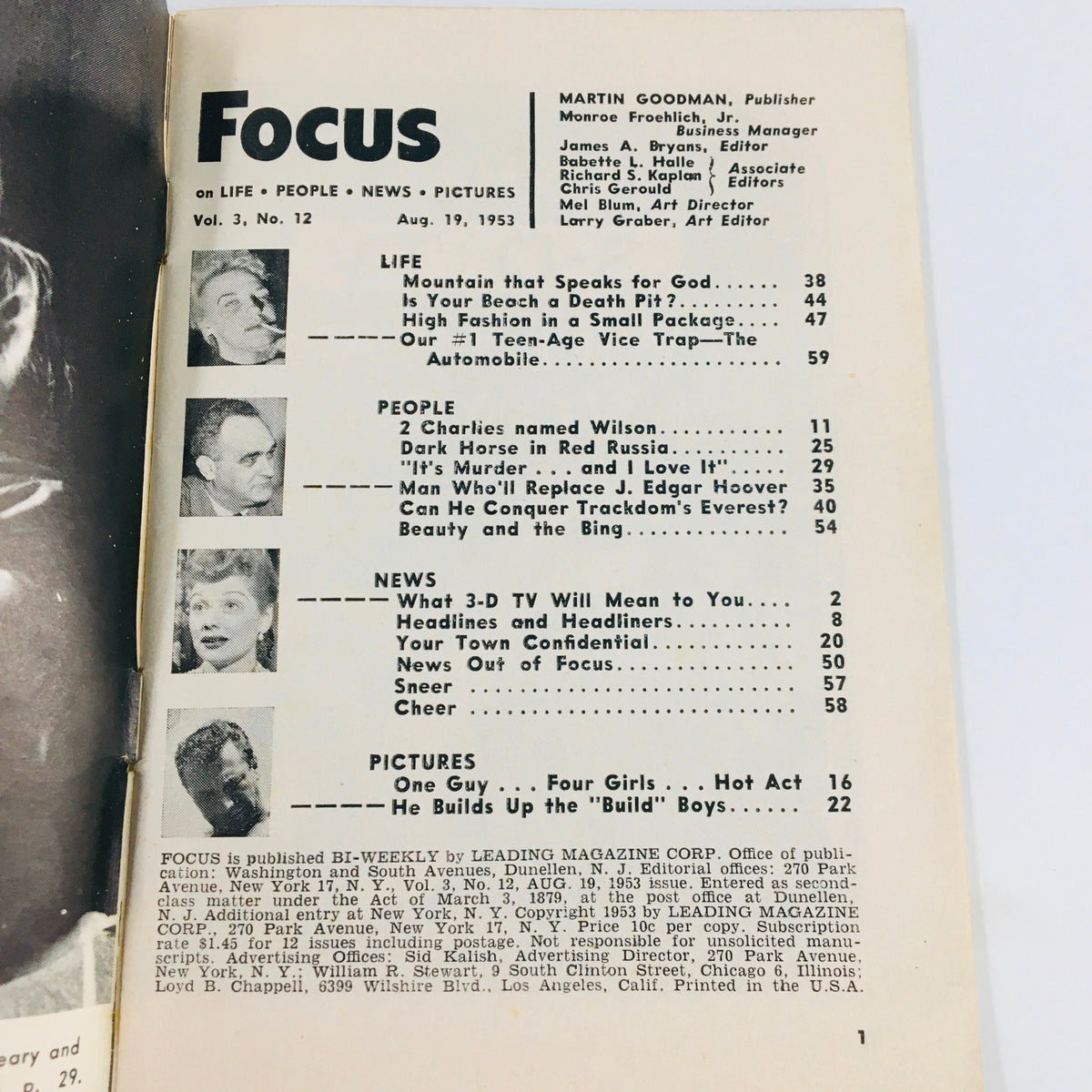 Contents page of VTG Focus Magazine August 19, 1953, displaying the table of contents. The page includes articles such as 'Beauty and the Bing' and 'Our #1 Teenage Vice Trap: the Automobile'.