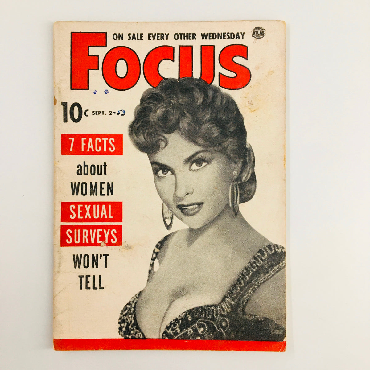 Cover of VTG Focus Magazine September 2 1953 featuring a vintage photo of a glamorous woman, showcasing the magazine's title and highlighting topics like women and sexual surveys.
