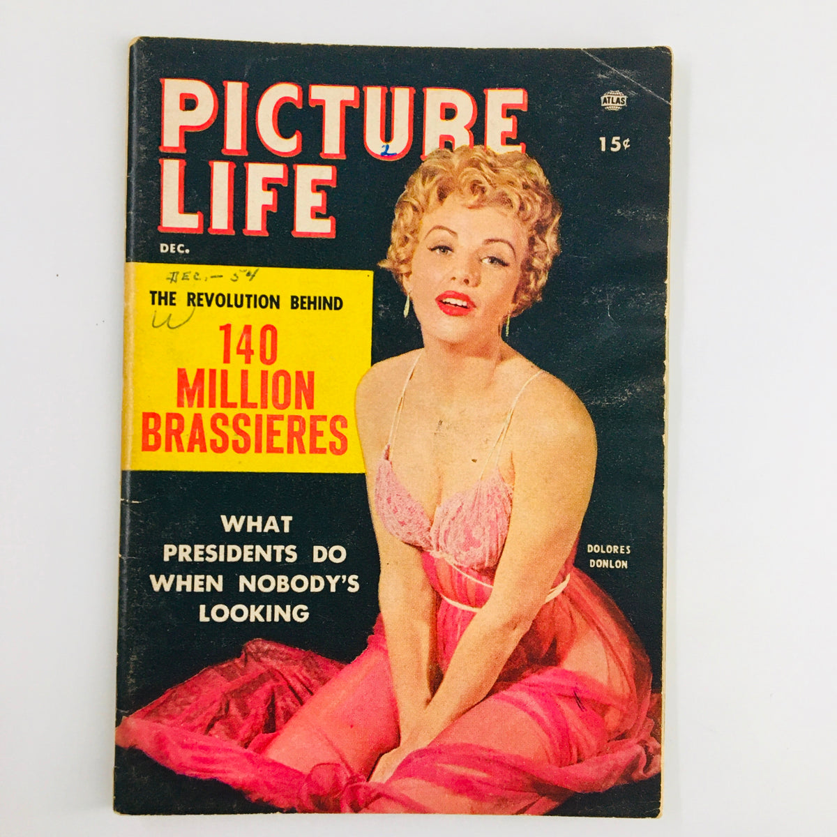 VTG Picture Life Magazine December 1954 featuring Dolores Donlon on the cover, showcasing iconic 1950s fashion and lifestyle. Cover headline discusses the revolution behind '140 Million Brassieres.'
