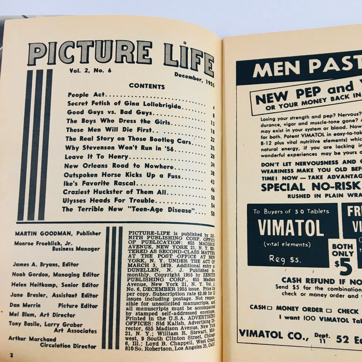 Interior page of VTG Picture Life Magazine December 1955 featuring the table of contents from Volume 2, No. 6, with articles related to mid-20th century culture and politics.