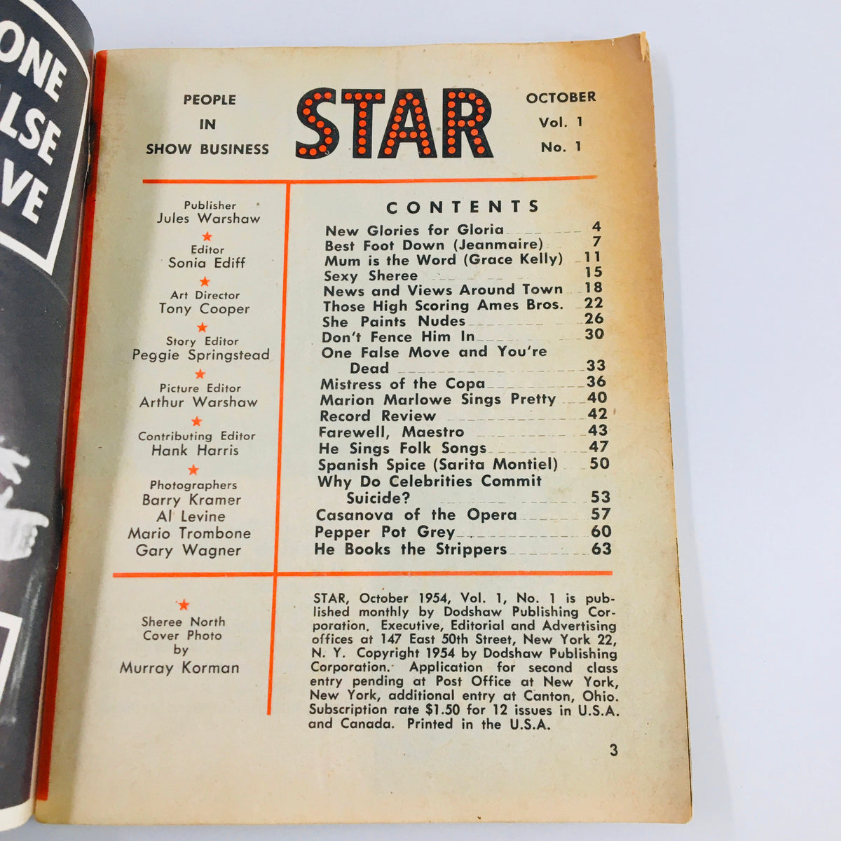 Inside page of Star Tabloid Magazine October 1954 showing the table of contents detailing articles including 'Why Do Celebrities Commit Suicide?' and features on Sheree North.