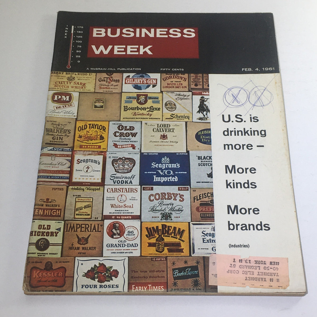Cover of Business Week Magazine from February 4, 1961, featuring the headline 'U.S. Drinking More Brands, More Kinds,' showcasing various vintage beverage brand labels.