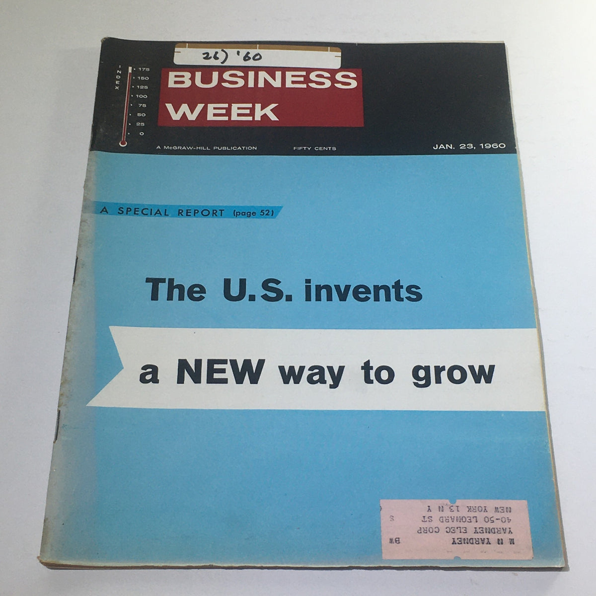 Cover of Business Week Magazine dated January 23, 1960, featuring the title "The U.S. Invents A New Way To Grow" with a blue background and black text.