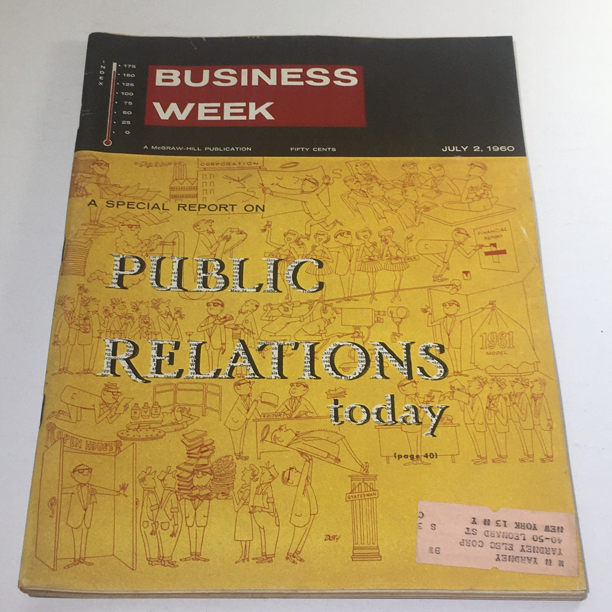 Business Week Magazine cover from July 2, 1960 featuring a special report on Public Relations Today. The cover is yellow with illustrations depicting business scenes and a central title in bold letters.