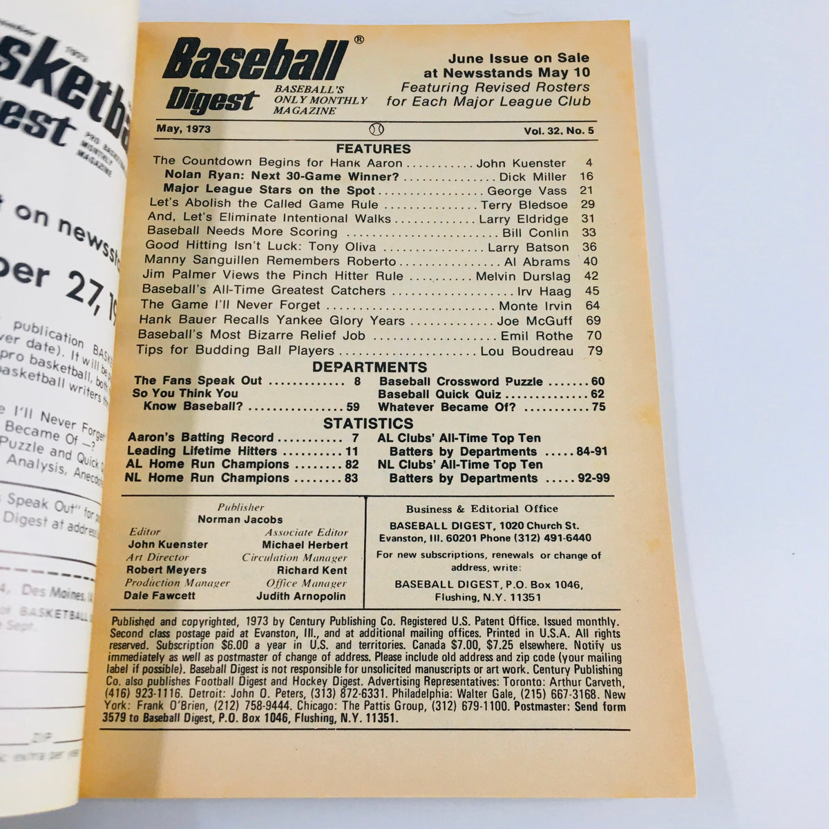 Interior page of the VTG Baseball Digest Magazine May 1973, displaying the table of contents with features such as Hank Aaron's countdown and statistics related to Major League Baseball.